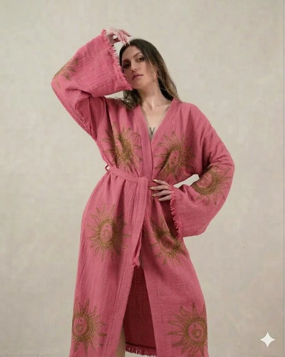 Sun & Moon Embroidered Kimono Robe | Celestial Boho Long Cardigan | Gold Embroidery Kimono for Women