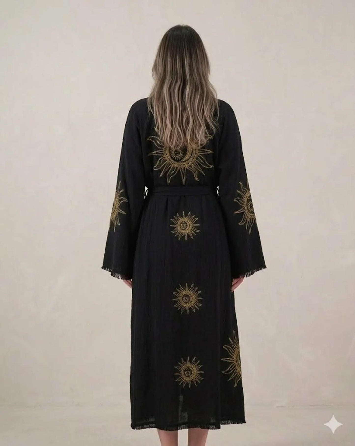 Sun & Moon Embroidered Kimono Robe | Celestial Boho Long Cardigan | Gold Embroidery Kimono for Women