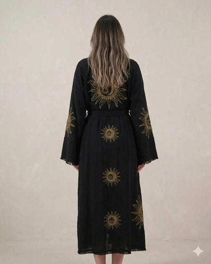 Sun & Moon Embroidered Kimono Robe | Celestial Boho Long Cardigan | Gold Embroidery Kimono for Women
