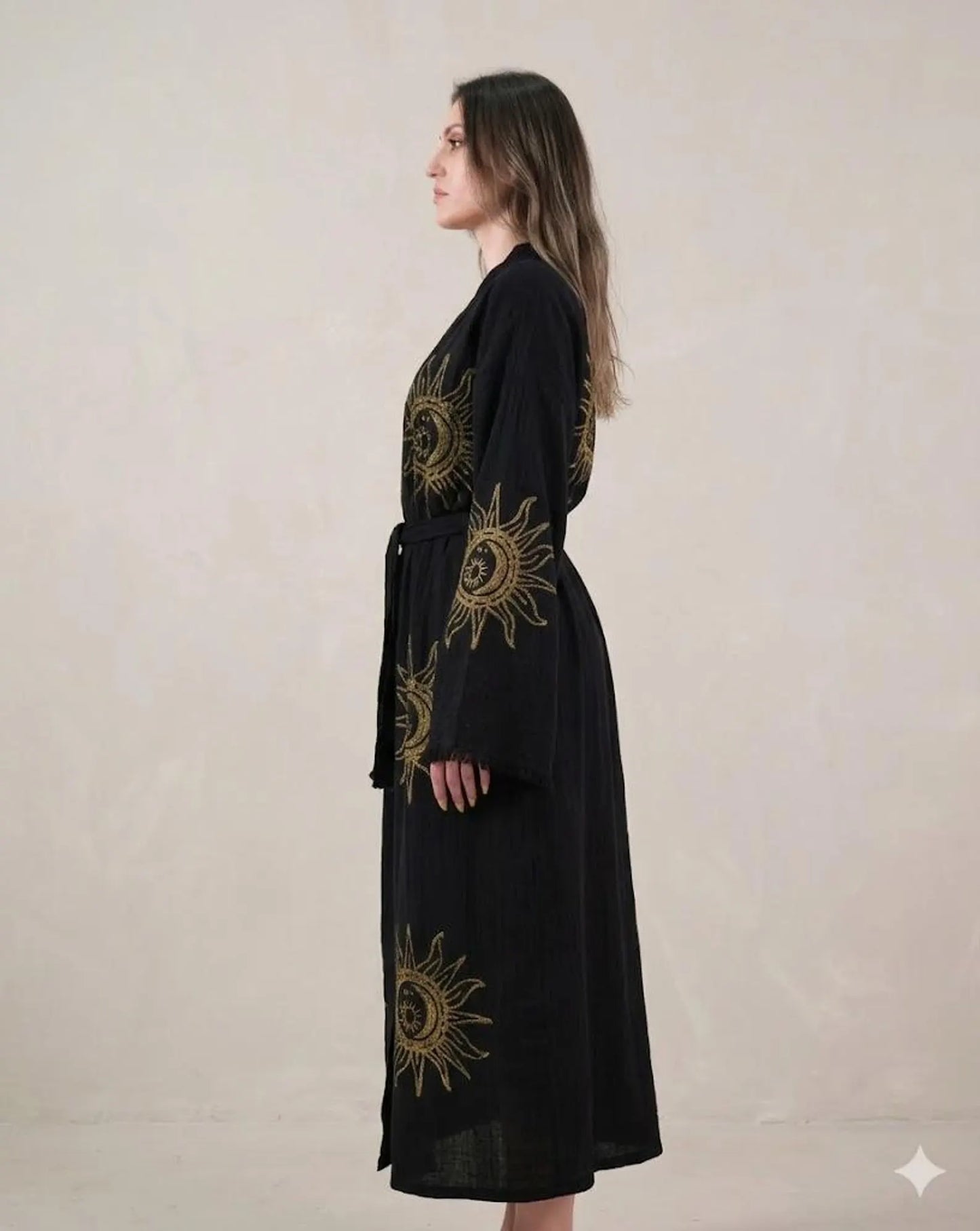 Sun & Moon Embroidered Kimono Robe | Celestial Boho Long Cardigan | Gold Embroidery Kimono for Women