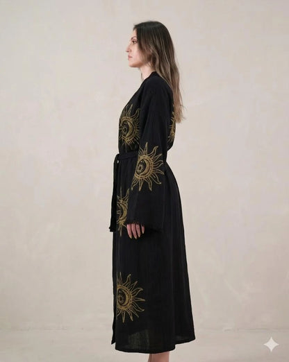 Sun & Moon Embroidered Kimono Robe | Celestial Boho Long Cardigan | Gold Embroidery Kimono for Women