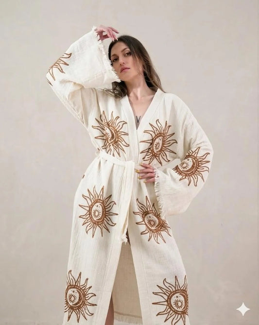 Sun & Moon Embroidered Kimono Robe | Celestial Boho Long Cardigan | Gold Embroidery Kimono for Women