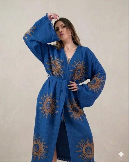 Sun & Moon Embroidered Kimono Robe | Celestial Boho Long Cardigan | Gold Embroidery Kimono for Women