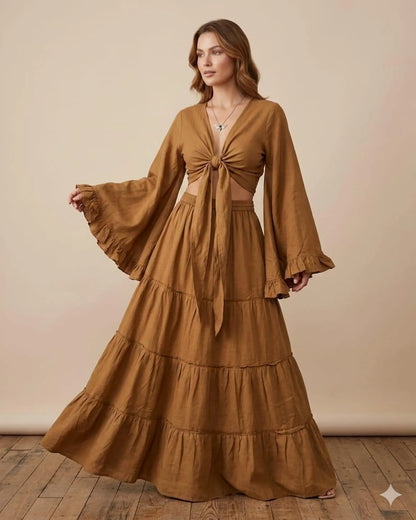 Boho Tiered Maxi Skirt Set | Knot Front Crop Top & Ruffled Bell Sleeve Set | Bohemian Two Piece Outfit