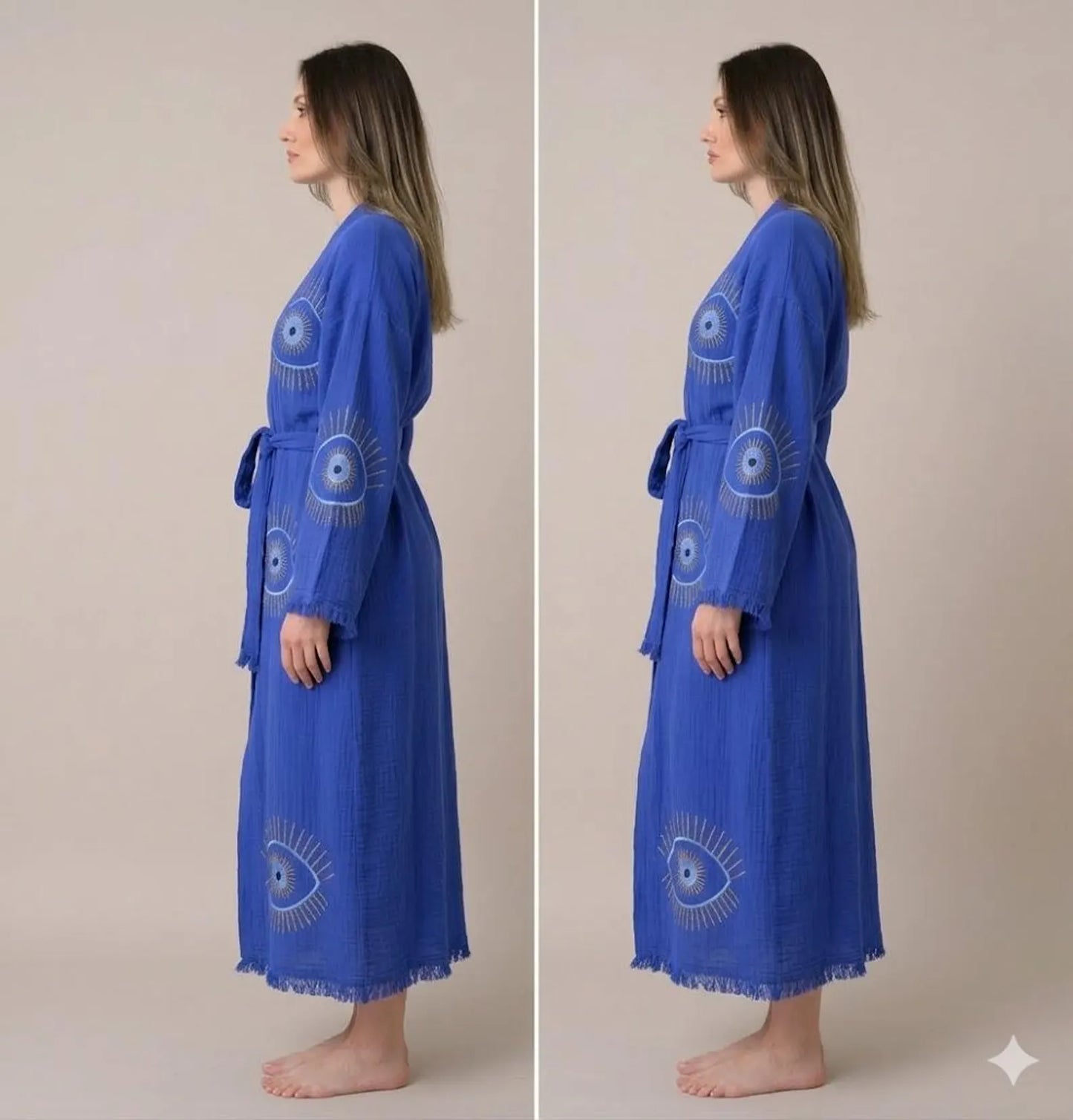 Evil Eye Embroidered Kimono Robe | Long Bohemian Beach Cover Up | Spiritual Protection Robe for Women