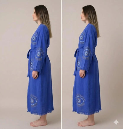 Evil Eye Embroidered Kimono Robe | Long Bohemian Beach Cover Up | Spiritual Protection Robe for Women