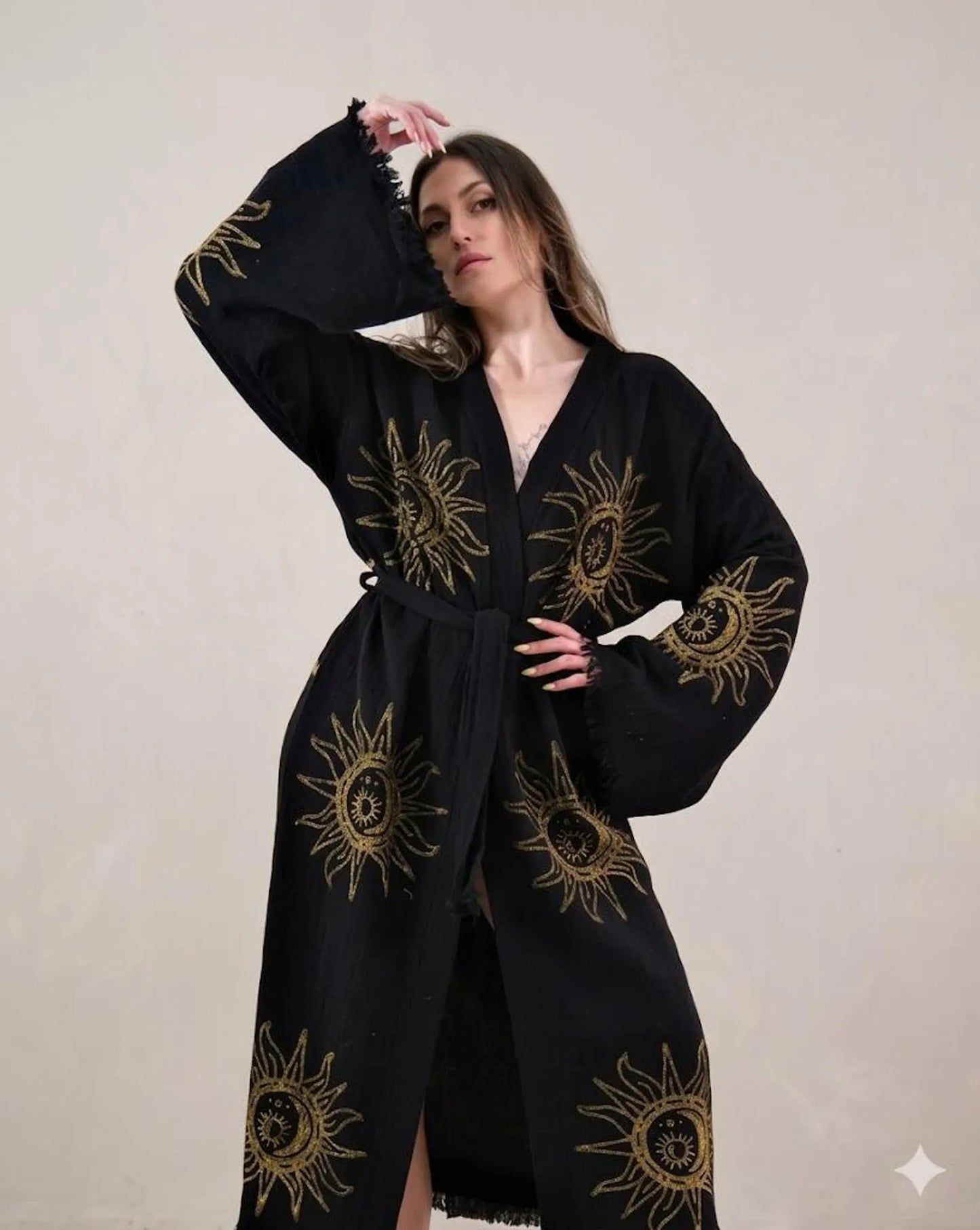 Sun & Moon Embroidered Kimono Robe | Celestial Boho Long Cardigan | Gold Embroidery Kimono for Women