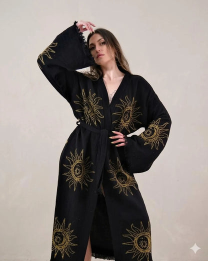 Sun & Moon Embroidered Kimono Robe | Celestial Boho Long Cardigan | Gold Embroidery Kimono for Women