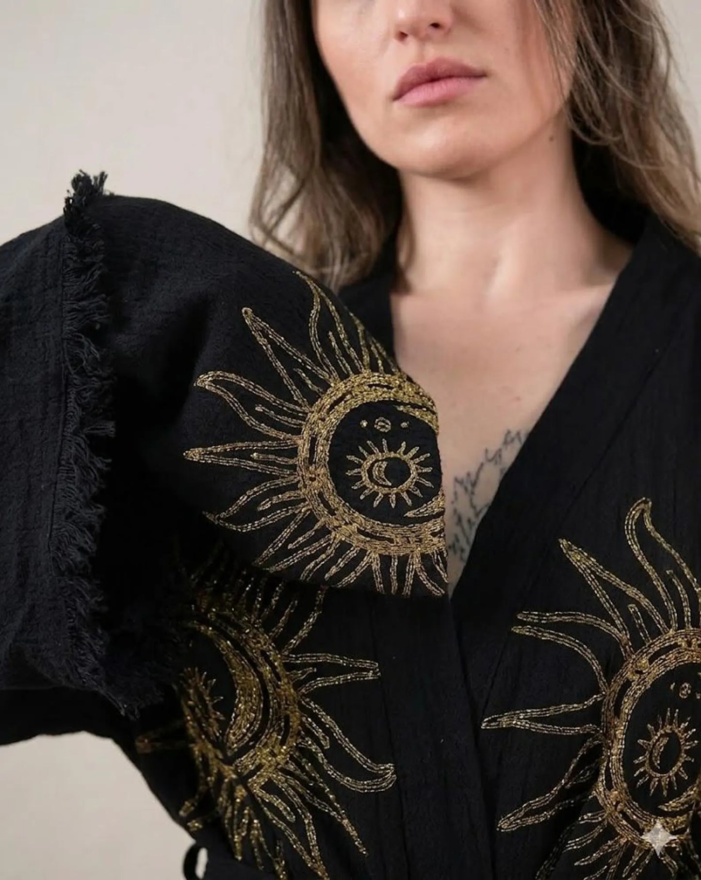 Sun & Moon Embroidered Kimono Robe | Celestial Boho Long Cardigan | Gold Embroidery Kimono for Women