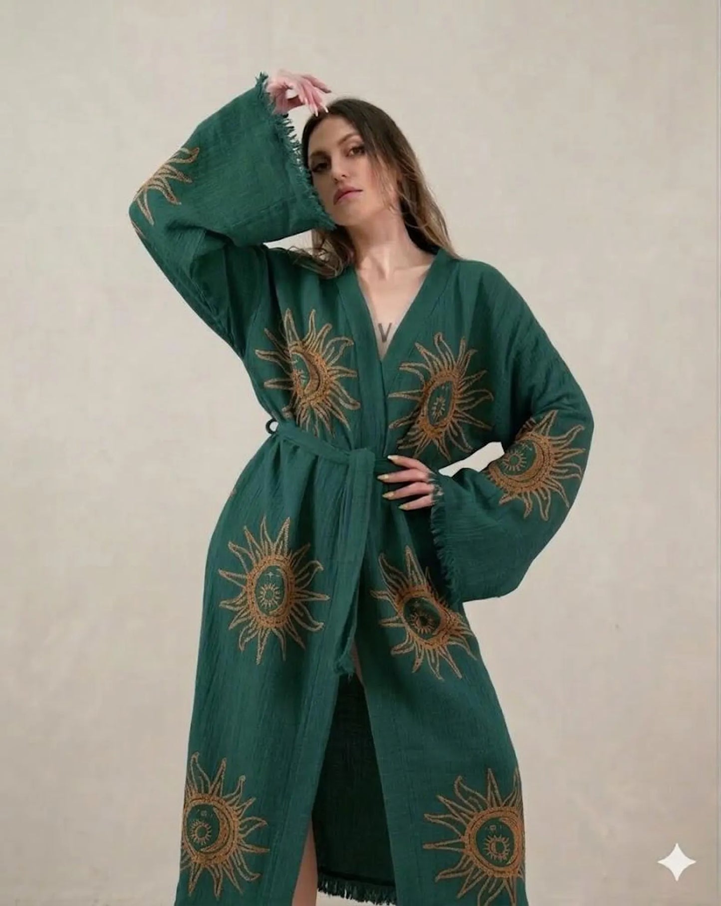 Sun & Moon Embroidered Kimono Robe | Celestial Boho Long Cardigan | Gold Embroidery Kimono for Women