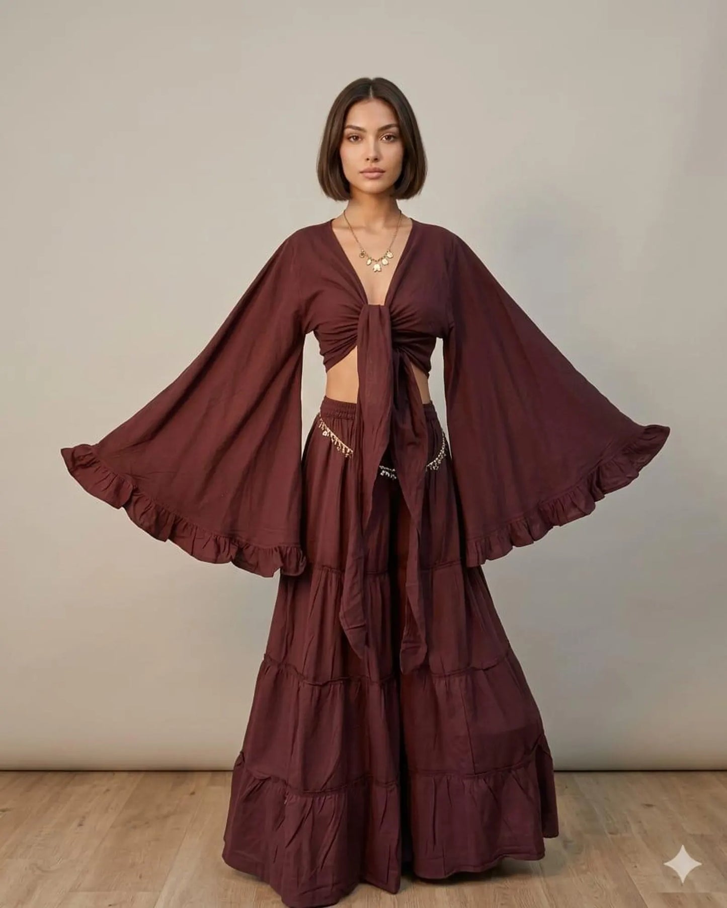 Boho Tiered Maxi Skirt Set | Knot Front Crop Top & Ruffled Bell Sleeve Set | Bohemian Two Piece Outfit