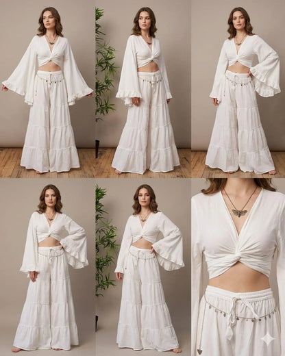 Boho Tiered Maxi Skirt Set | Knot Front Crop Top & Ruffled Bell Sleeve Set | Bohemian Two Piece Outfit