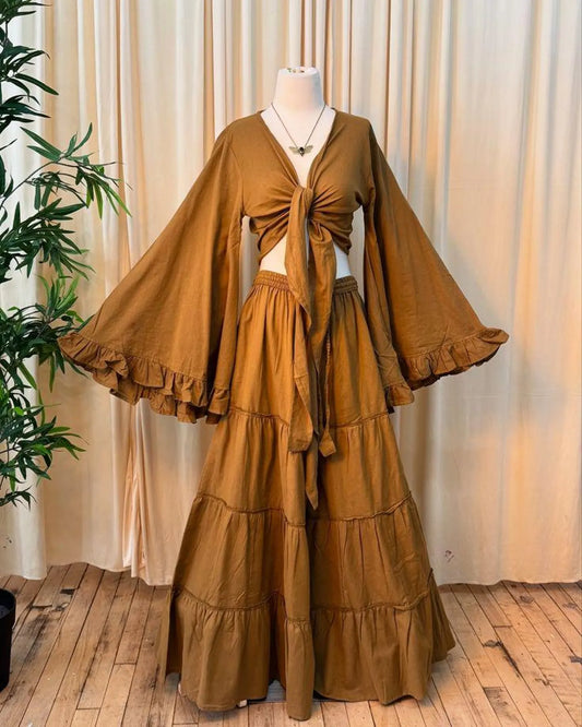 Boho Tiered Maxi Skirt Set | Knot Front Crop Top & Ruffled Bell Sleeve Set | Bohemian Two Piece Outfit