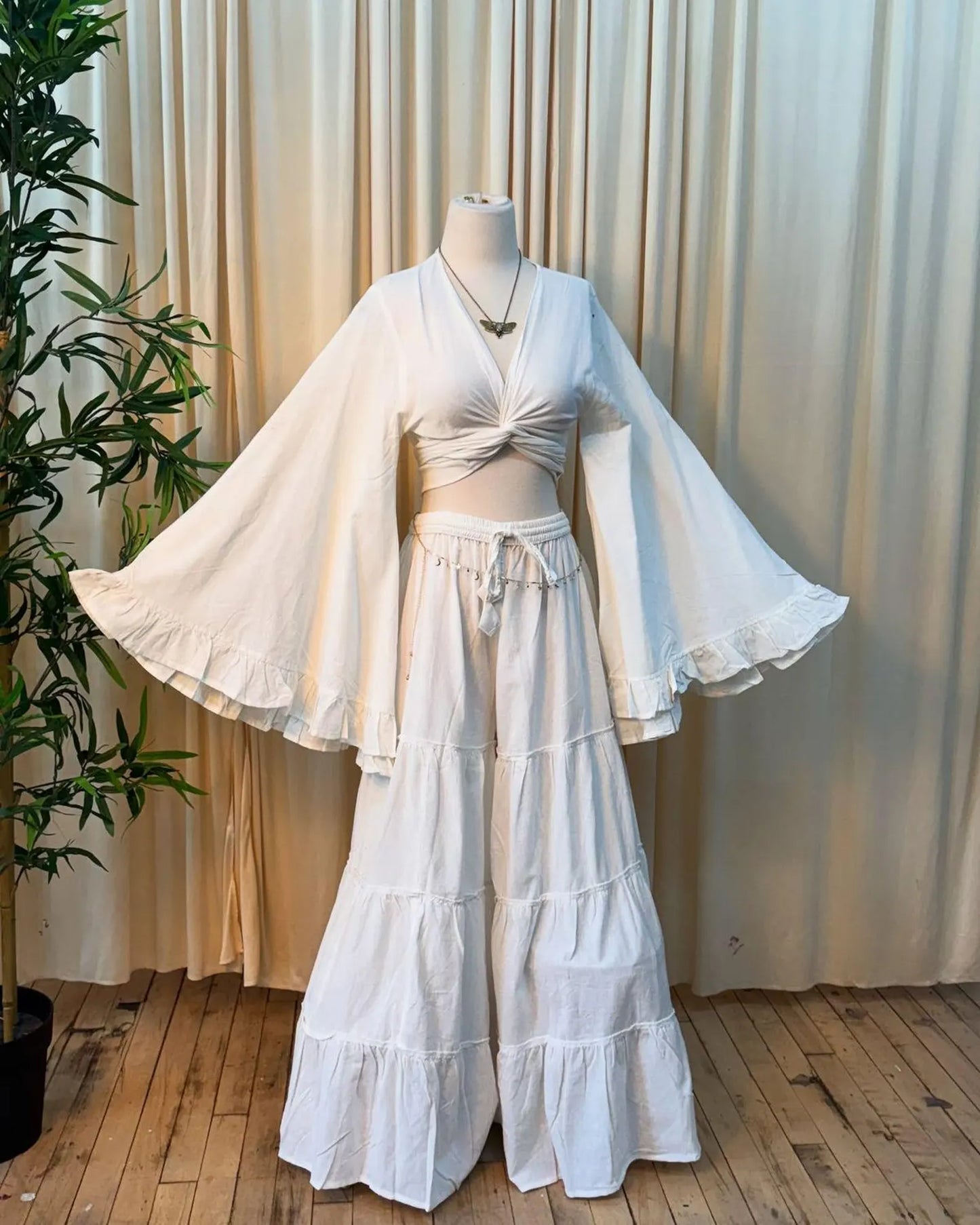 Boho Tiered Maxi Skirt Set | Knot Front Crop Top & Ruffled Bell Sleeve Set | Bohemian Two Piece Outfit