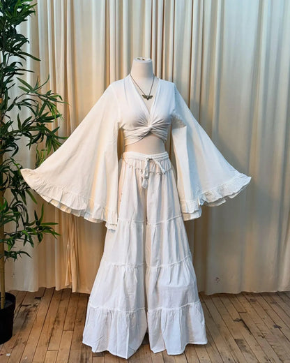 Boho Tiered Maxi Skirt Set | Knot Front Crop Top & Ruffled Bell Sleeve Set | Bohemian Two Piece Outfit