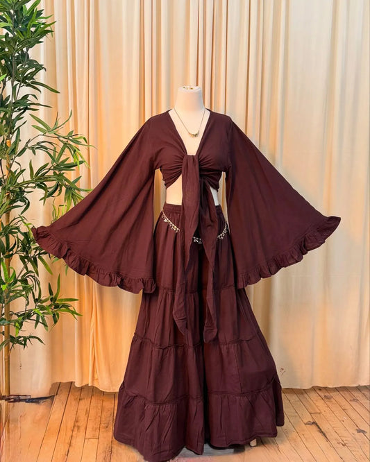 Boho Tiered Maxi Skirt Set | Knot Front Crop Top & Ruffled Bell Sleeve Set | Bohemian Two Piece Outfit