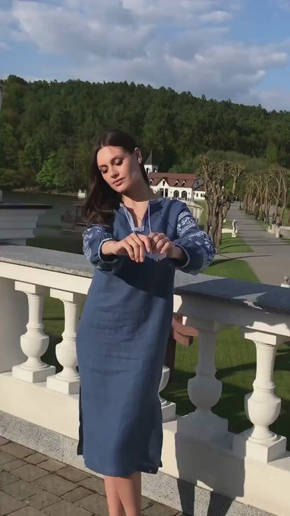 Blue Linen Embroidered Midi Dress for Women – Boho Folk Tassel Vyshyvanka Style