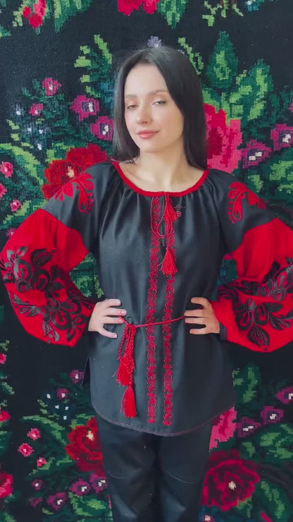 Black & Red Hand-Embroidered Cotton Boho Blouse Top – Traditional Folk Tunic Top with Puffed Sleeves