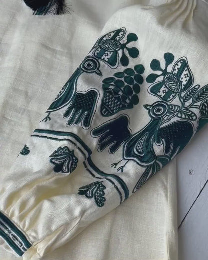 Cream Embroidered Cotton Puff Sleeve Blouse | Boho Folk Bird Motif Tunic Top for Women