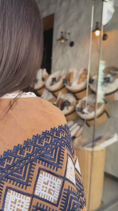 Hand-Embroidered Brown Folk Cotton Blouse – Blue  Geometric Puff Sleeve Boho Top with Tassels
