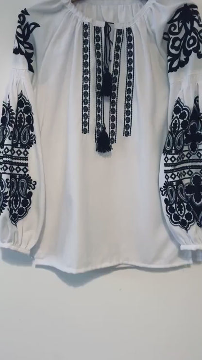 White Hand-Embroidered Cotton Boho Blouse Top – Black Folk Tunic Top with Tassel Neck & Puffed Sleeves