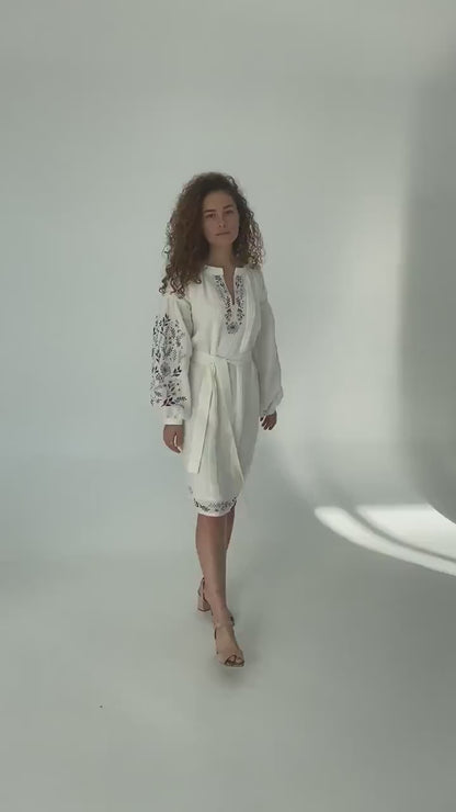 White Hand-Embroidered Floral Cotton Midi Dress for Women – Boho Puff Sleeve Folk Embroidery Dress