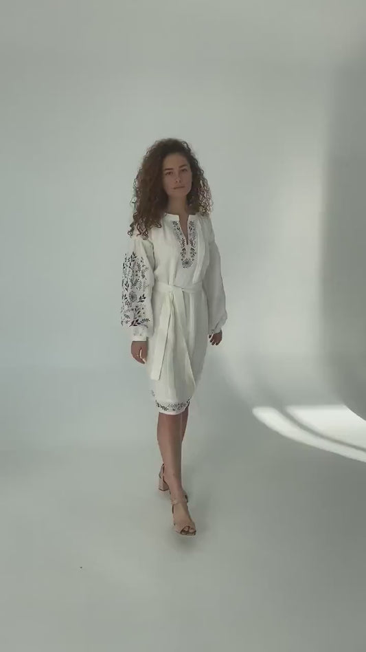 White Hand-Embroidered Floral Cotton Midi Dress for Women – Boho Puff Sleeve Folk Embroidery Dress