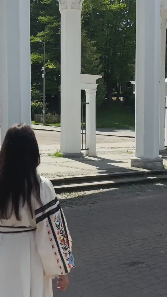 White Hand-Embroidered Floral Cotton Midi Dress for Women – Boho Folk Vyshyvanka Style with Black Lace Trim