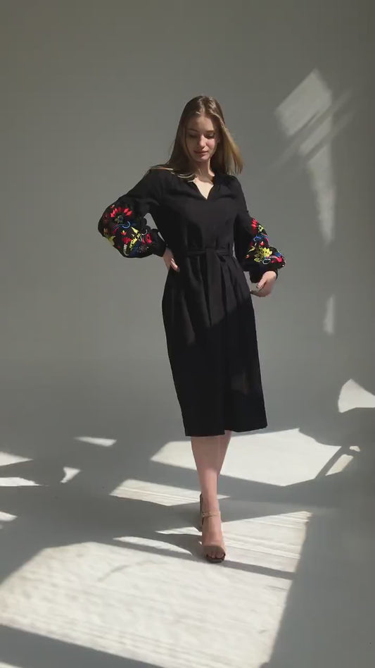 Black Hand-Embroidered Cotton Midi Dress for Women – Boho Floral Puff Sleeve Belted Dress