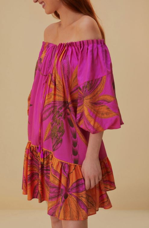 Vibrant Magenta Tropical Palm Print Off-Shoulder Cotton Mini Dress