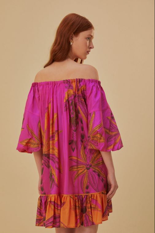 Vibrant Magenta Tropical Palm Print Off-Shoulder Cotton Mini Dress