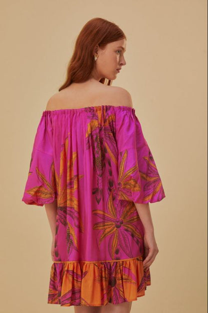 Vibrant Magenta Tropical Palm Print Off-Shoulder Cotton Mini Dress
